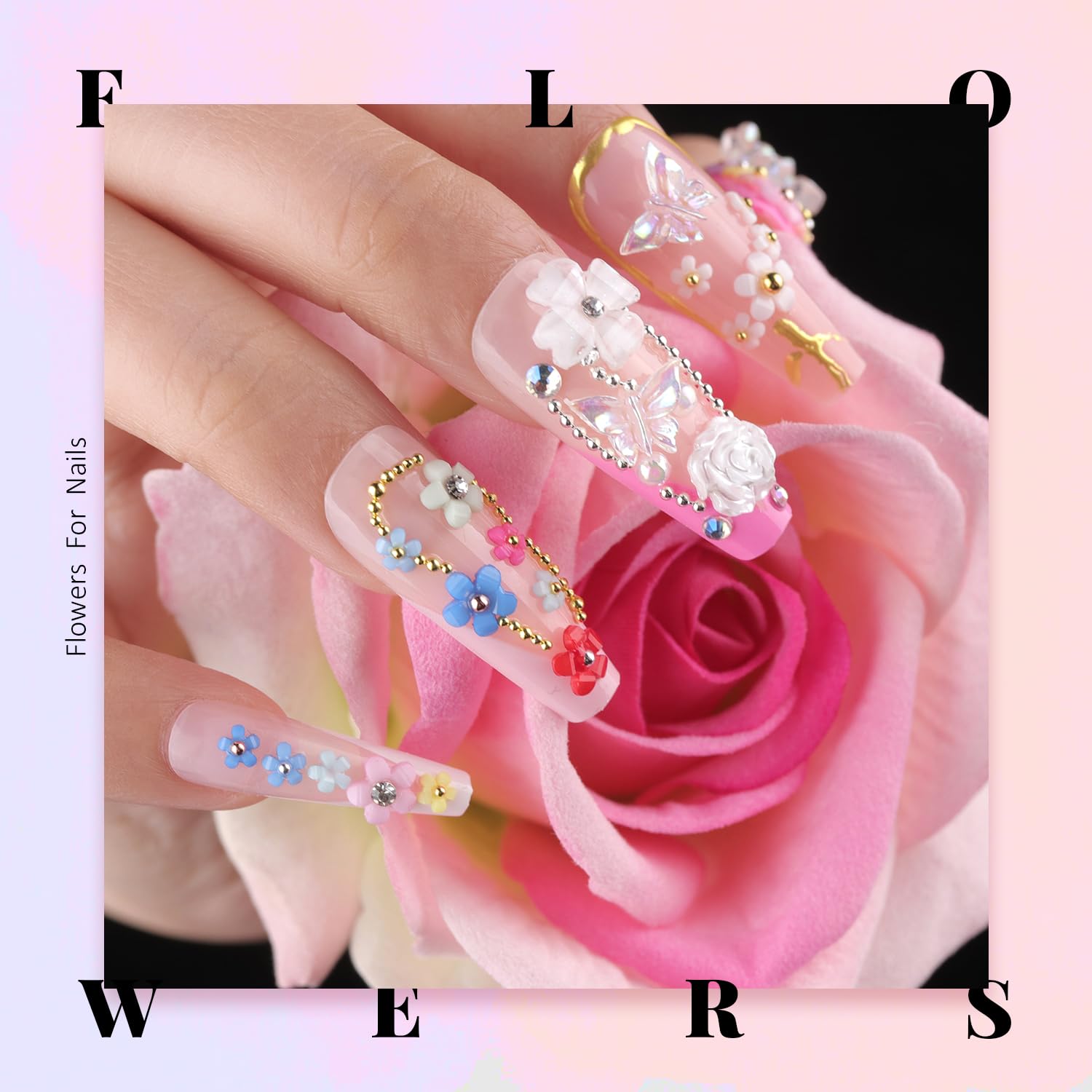 3D Flowers, Manicure Kit with Rhinestone Glue Gel, Colorful Acrylic Flower Nail Charms with Caviar Beads, Rhinestones for Nails with Gem Glue (UV/LED Needed) with Pickup & Dotting Tools-Velvo Beauty