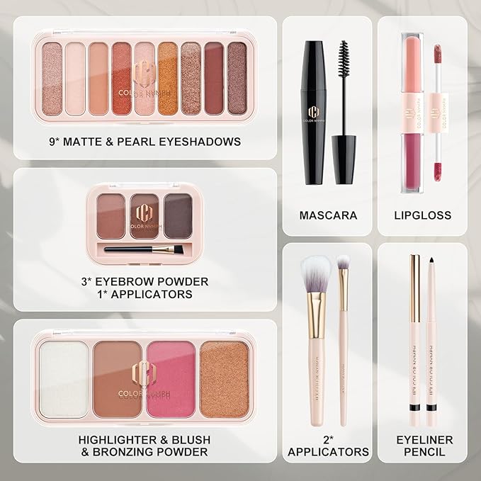 Color Nymph Makeup Kit for Women, Makeup Gift Set All In One Travel Backpack for Girls With Eyeshadow,Mascara, Lipgloss, Highlighter, Blush, Eyeliner pencil (Bag B)-Velvo Beauty
