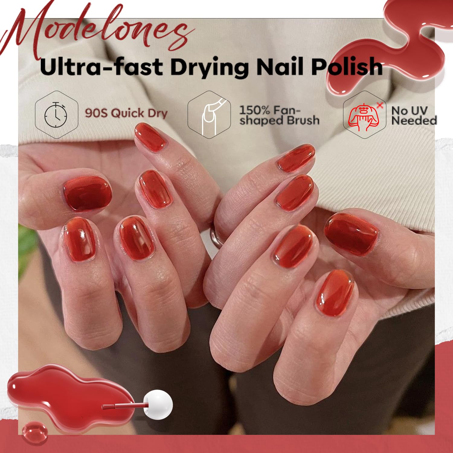 modelones Jelly Red Nail Polish, Sheer Dark Red Clear Translucent Semi-Transparent 15 ml Quick Dry Nail Lacquer Strengthener Long Last Finger Toe Nail Art DIY Manicure Gift for Women Girls 0.5 Fl Oz-Velvo Beauty