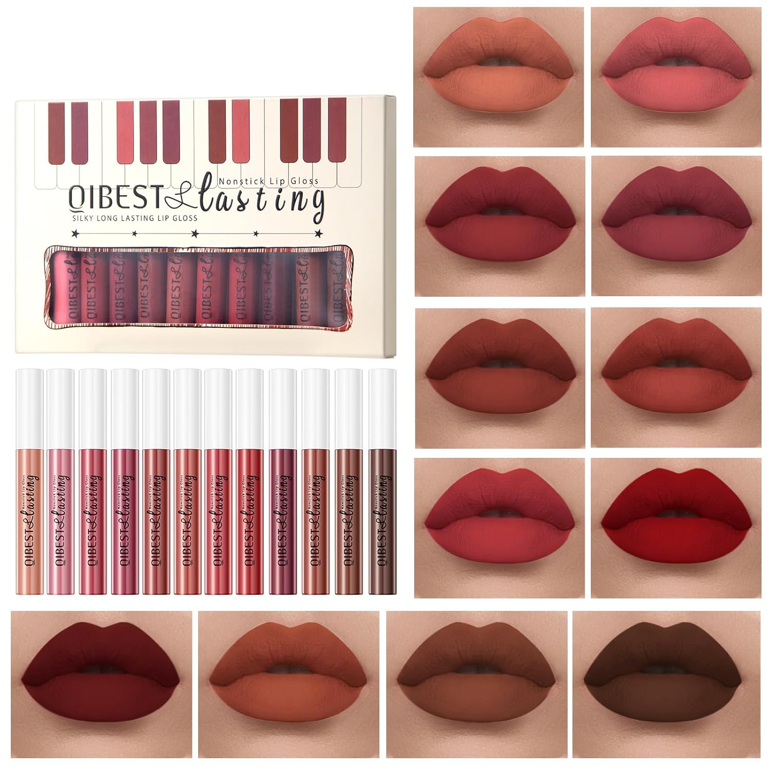 12Pcs Matte Liquid Lipstick Set for Girls & Women, 24 Hours Long Lasting Waterproof Nude & Dark Red Lip Gloss Makeup Kits, Velvet Non-Stick Cup Mate Duracion 24 Horas Originales Lip Stains (Set 01, 1)-Velvo Beauty