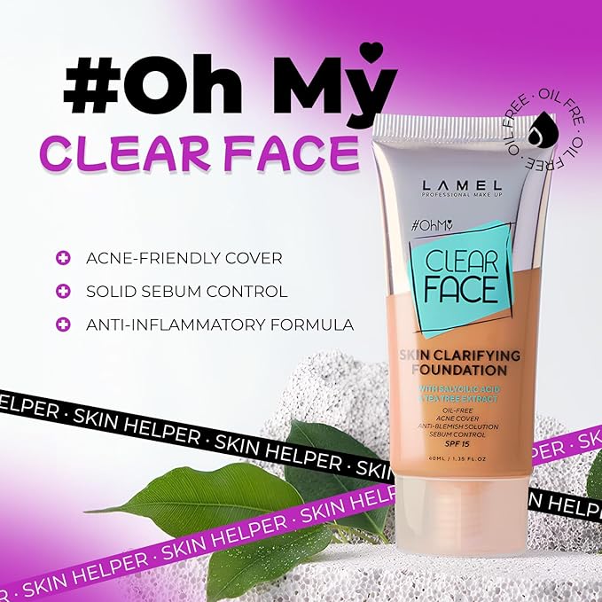 Lamel- Oh my Clear Face Foundation- SPF15-407 Meiduim Tan | Contains tea tree extract and salicylic acid |Controls sebum production |Anti-blemish formula |SPF 15 |Oil free foundation | 40ml-Velvo Beauty