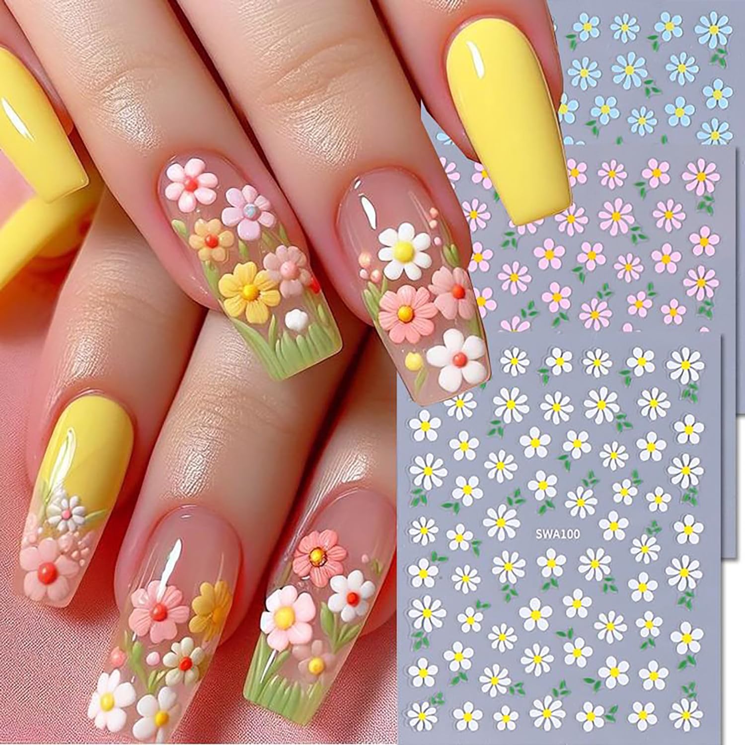6 Sheets Flower Nail Art Stickers Daisy Nail Art Decals 3D Self-Adhesive Spring Nails Sticker Holographic Pink Blue White Blossom Nails Decal Decoration for Women Floral Manicure Supplies-Velvo Beauty
