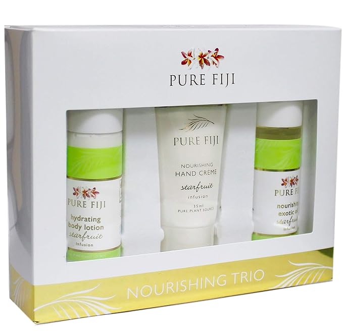 Pure Fiji Nourishing Trio, Ideal Spa Bath Gift Set for Women - Travel Kit - Includes Exotic Body Oil , Hydrating Body Lotion For Women and Nourishing Hand Cream, Starfruit Scent-Velvo Beauty