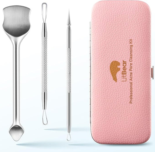 LitBear Pore Prep Tool, Blackhead Remover Pimple Popper Tool Kit, Stainless Steel Blackhead Extractions Tool for Acne, Whitehead Popping, Blemish, Comedone, Pink-Velvo Beauty