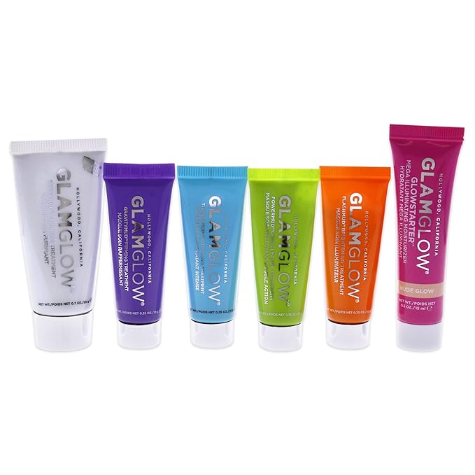 GLAMGLOW Glow Essentials Mask + Moisture Travel Set - SUPERMUD (0.7 oz), GLOWSTARTER NUDE (0.5 oz), GRAVITYMUD (0.35 oz), THRISTYMUD (0.35 oz), POWERMUD (0.35 oz) & FLASHMUD (0.35 oz)-Velvo Beauty