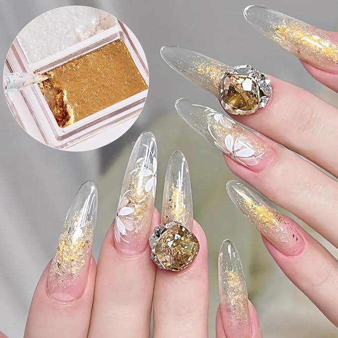 Metallic Nail Art Glitter Set, 6 Colors Gold Flakes for Nails, Mud Texture, Gold Leaf Chameleon Chrome Flakes, Golden Foils Nail Art Decoration, Professional Manicure Supplies-Velvo Beauty