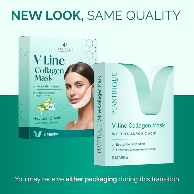 PLANTIFIQUE V-Line Collagen Mask for face 5 PCS | Chin Strap for Women & Men | V Line Lifting Mask with Collagen and Hyaluronic Acid V Shape Face Tape Chin | Skin Firming-Velvo Beauty