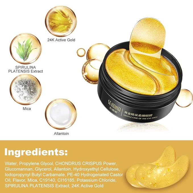 Under Eye Collagen Patch, 24K Gold Anti-Aging Mask, Pads for Puffy Eyes & Bags, Dark Circles and Wrinkles, with Hyaluronic Acid, Hydrogel, Deep Moisturizing Improves elasticity, 30 Pairs-Velvo Beauty