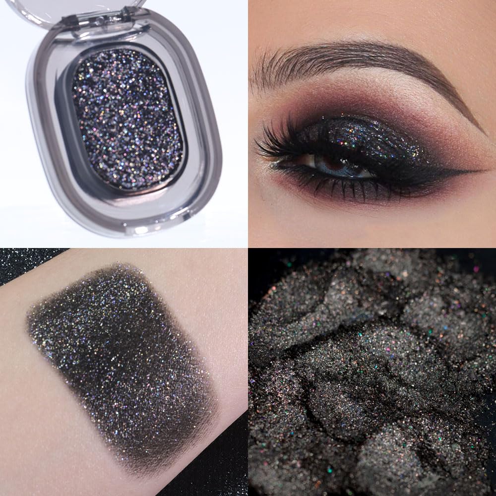 Black Glitter Eyeshadow Palette Makeup for Women, Glitter Shimmer Metallic Holographic Iridescent Single Monochrome Eyeshadow Halloween Birthday Party Wear Makeup, Sombras Crema Para Ojos-Velvo Beauty