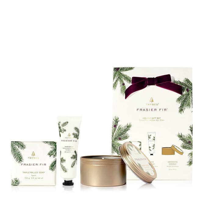 Thymes Frasier Fir Hand Cream, Travel Tin Candle Jar and Bar Soap Gift Set - Scented with Notes of Siberian Fir, Cedarwood, and Sandalwood - Luxury Home Fragrance Set - Hostess Gift for the Holidays-Velvo Beauty
