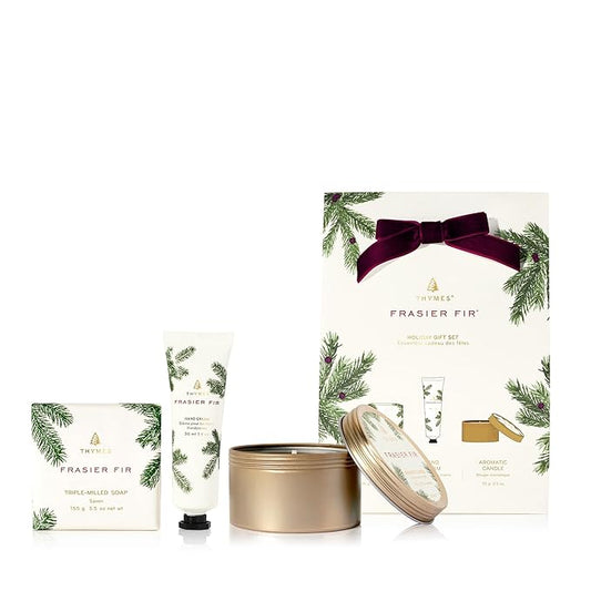 Thymes Frasier Fir Hand Cream, Travel Tin Candle Jar and Bar Soap Gift Set - Scented with Notes of Siberian Fir, Cedarwood, and Sandalwood - Luxury Home Fragrance Set - Hostess Gift for the Holidays-Velvo Beauty