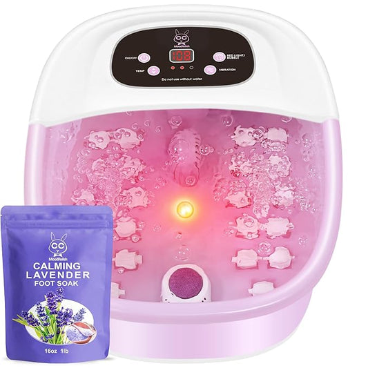 Foot Spa Bath Massager with Heat Bubbles and Vibration Massage and Jets, 16 OZ Calming Lavender Foot Soak Epsom Salt, Foot Soaker with Red Light, 22 Massage Rollers, Adjustable Temp - Pink-Velvo Beauty