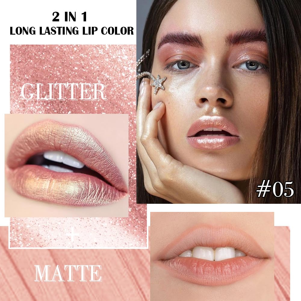 Kaely 2-in-1 Champagne Gold Metallic Lipstick and Lip Liner, Shimmer Liquid Metallic Lipsticks for Women, Glitter Lip Gloss Stain Long Lasting Waterproof Smudge Proof 24 Hour, Vegan Makeup, 05-Velvo Beauty