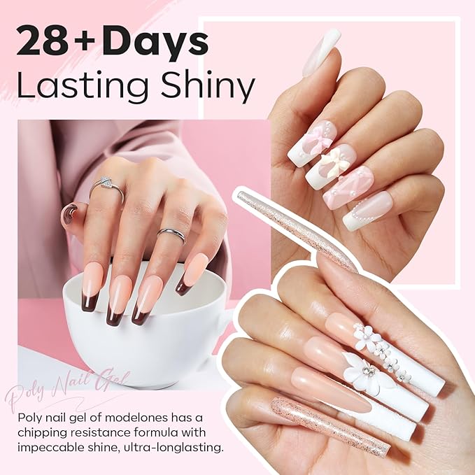 Modelones Poly Nail Gel Kit, 6 Colors Poly Extension Gel Clear Pink White with 48W U V/LED Lamp 3D Nail Charms Builder Slip Solution Complete Toe Manicure Supplies Tools for Starter-Velvo Beauty