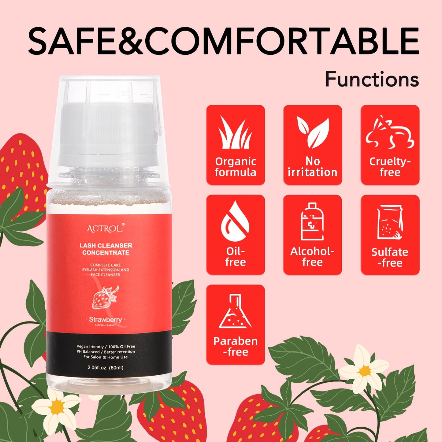 Eyelash Cleanser Concentrate 60ml Strawberry Professional Lash Shampoo Foaming Cleanser DIY Paraben & Sulfate Free Non-lrritating Wash for Extensions Lashes with Salon Home Care-Makes 6 Bottles-Velvo Beauty