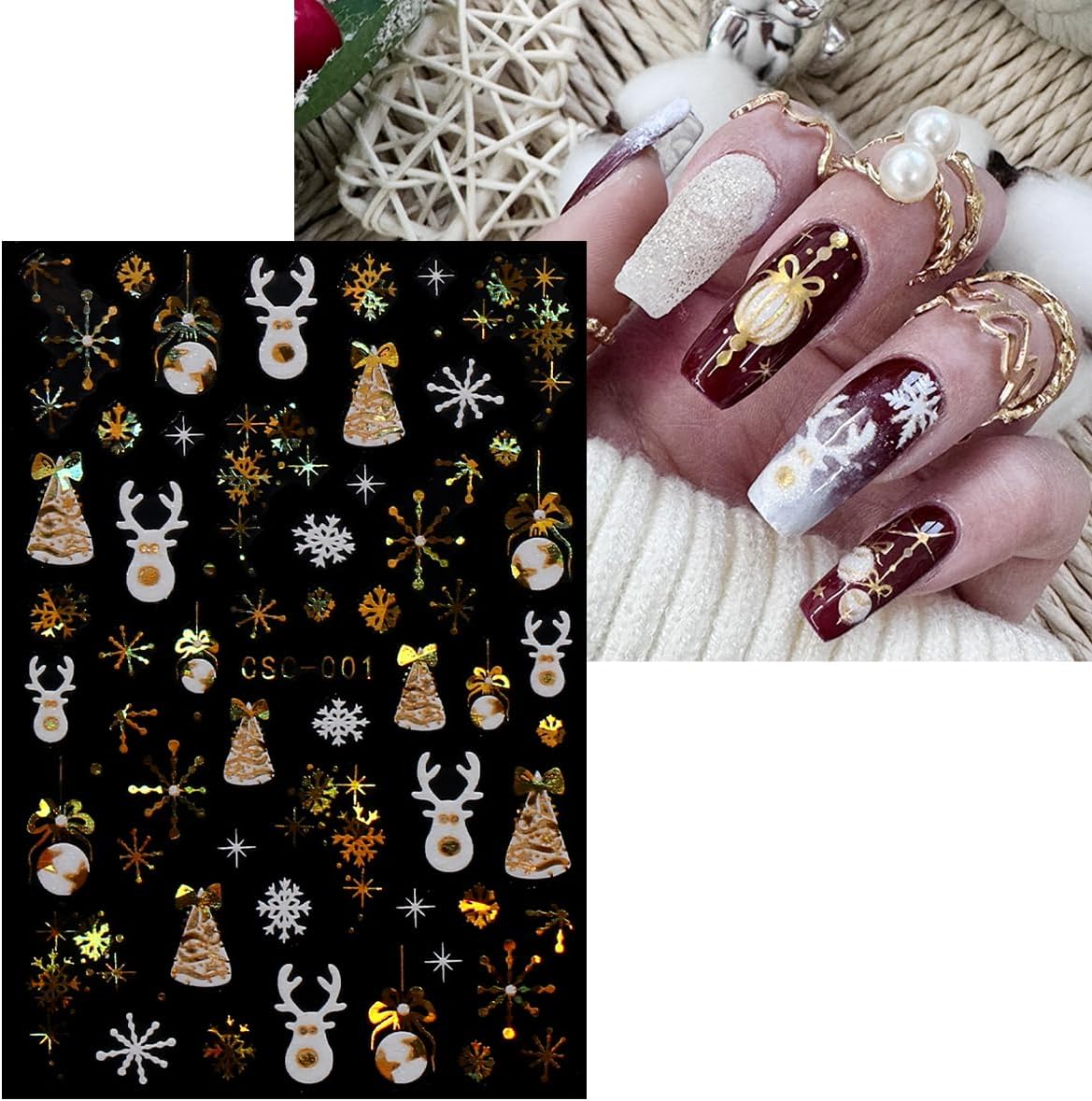 JMEOWIO 8 Sheets Christmas White Glitter Gold Nail Art Stickers Decals Self-Adhesive Snowflake Winter Holiday Nail Supplies Nail Art Design Decoration Accessories-Velvo Beauty