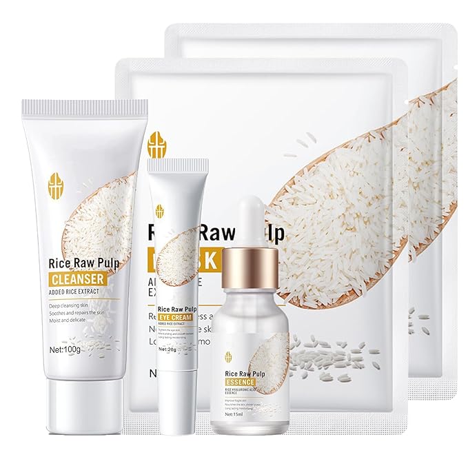 Skincare Gifts for Teenage Girls - Rice Raw Pulp Skin Care Sets & Kits - 5PCS Pamper Gifts for Women with Facial Cleanser-Eye Cream-Face Serum-Mask*2PCS - Gift Set for Firming Hydrating Skin-Velvo Beauty