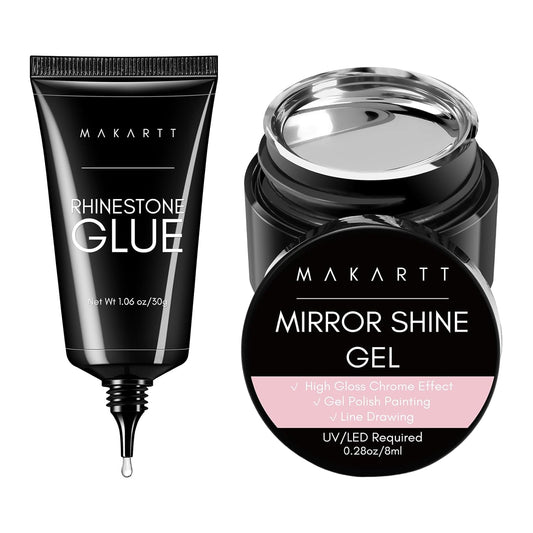 Makartt Nail Rhinestone Glue with Chrome Gel Kit, Super Strong Glue with Silver Metallic Painting Gel Polish Set for 3D Nails Art Decoration Manicure(30ML+8ML)-Velvo Beauty