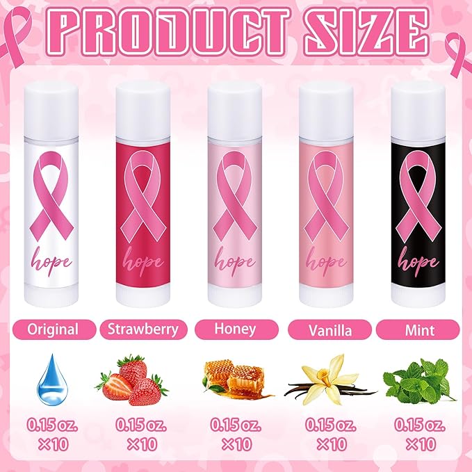 50 Pack Breast Cancer Awareness Favors Bulk Lip Balms Gifts Pink Ribbon Lip Balms Favors Breast Cancer Awareness Month Accessories Support Party Items Decorations for Women Men Survivors-Velvo Beauty