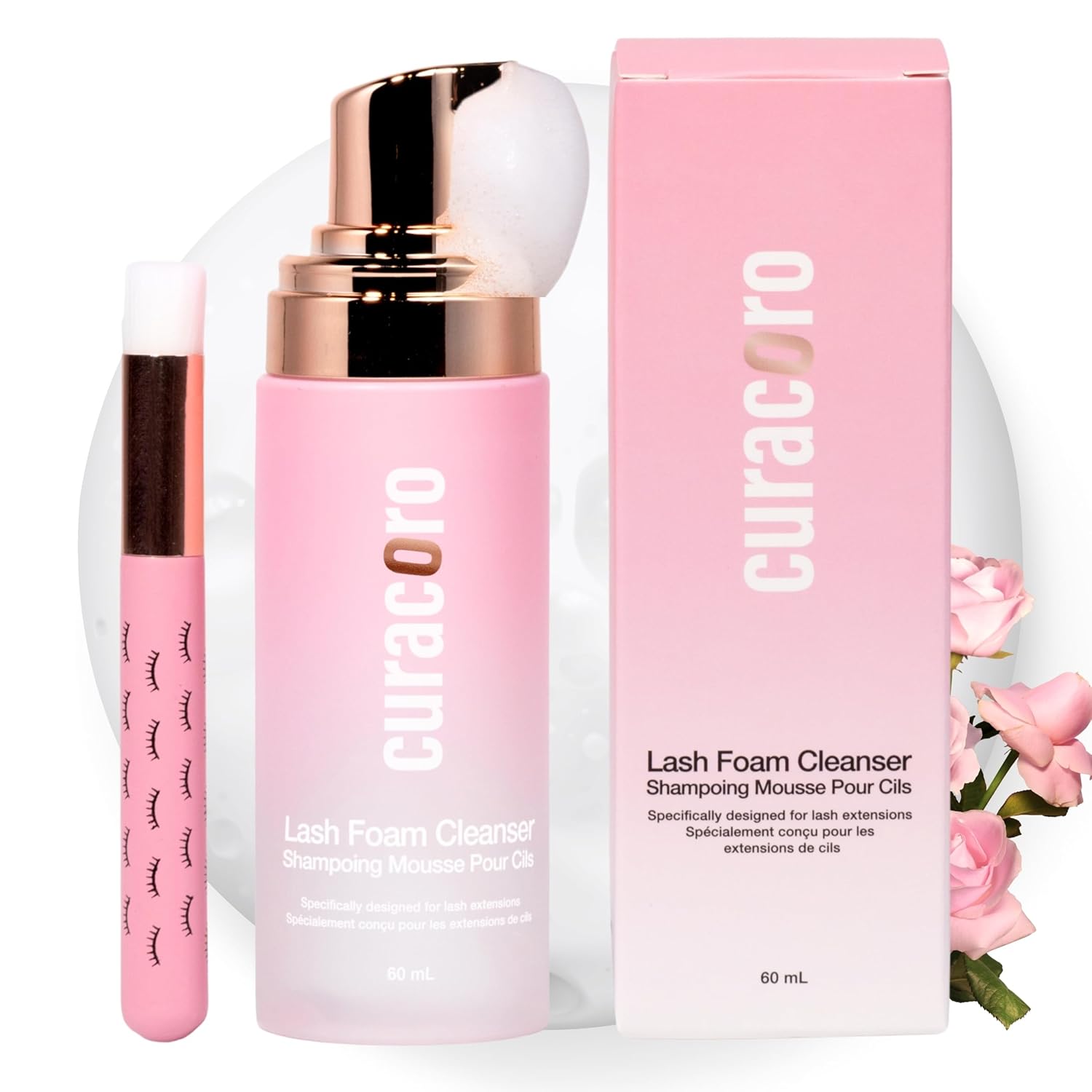 CURACORO 60ML Eyelash Extension Cleanser (Rose Scented) - Lash Shampoo for Lash Extensions, Eyelash Extension Foam Cleanser for Sensitive Skin, Removes Waterproof Makeup for Professional & Home Use-Velvo Beauty
