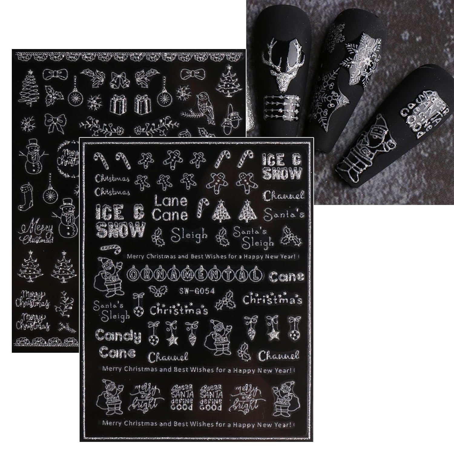 JMEOWIO 9 Sheets Christmas Glitter Nail Art Stickers Decals Self-Adhesive Snowflake Winter Holiday Silver Nail Supplies Nail Art Design Decoration Accessories-Velvo Beauty