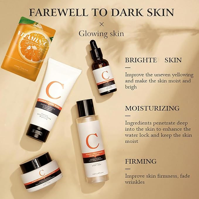 Vitamin C Skin Care Sets, 6Pcs Skin Care Products Set, Skin Care Gift Set for Women Girls, Hydrating Skincare Routine Set, Face Care Kit Includes Cleanser, Mask, Face Serum, Toner, Cream-Velvo Beauty
