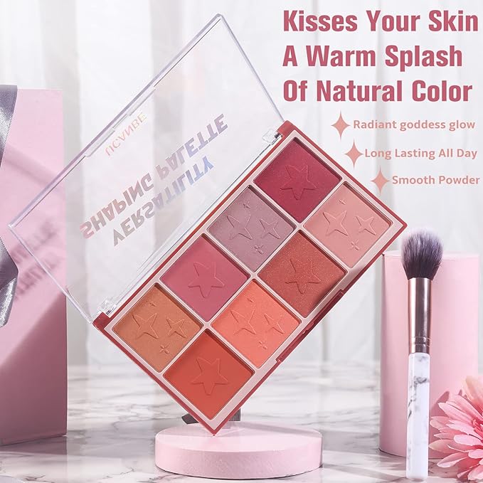 8 Colors Face Matte Blush Palette Shading Blusher with Brush - Buildable Facial Cheek Blusher Contour Bronzing Pressed Powder Makeup Pallet Women Gift Set (02 Shimmer Matte)-Velvo Beauty