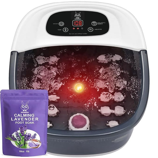 Foot Spa Bath Massager with Heat Bubbles and Vibration Massage and Jets, 16 OZ Calming Lavender Foot Soak Epsom Salt, Foot Soaker with Red Light, 22 Massage Rollers, Adjustable Temp - Grey-Velvo Beauty