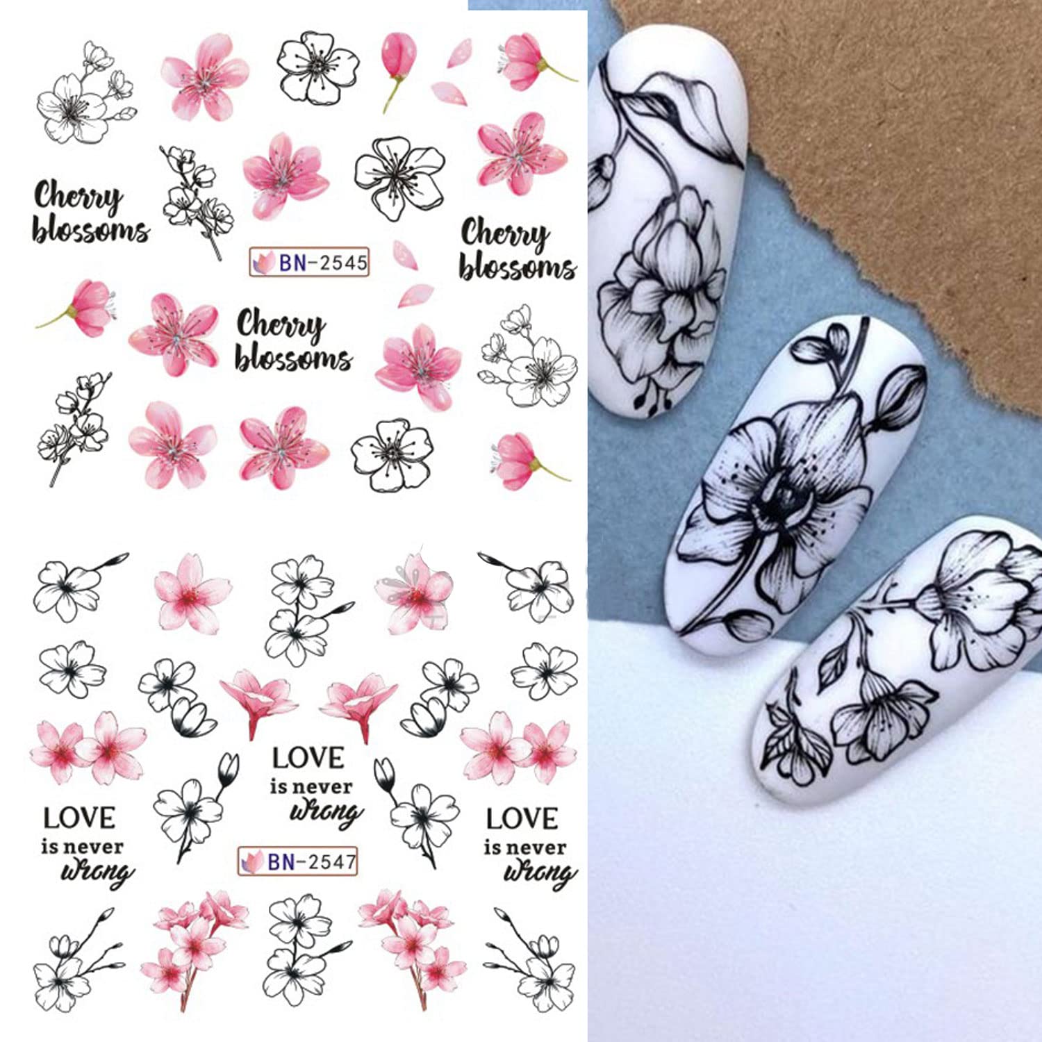 Sakura Water Transfer Nail Stickers - Cherry Blossom & Leaf Designs for Women & Girls - Pink Flower Nail Art Decoration Supplies-Velvo Beauty