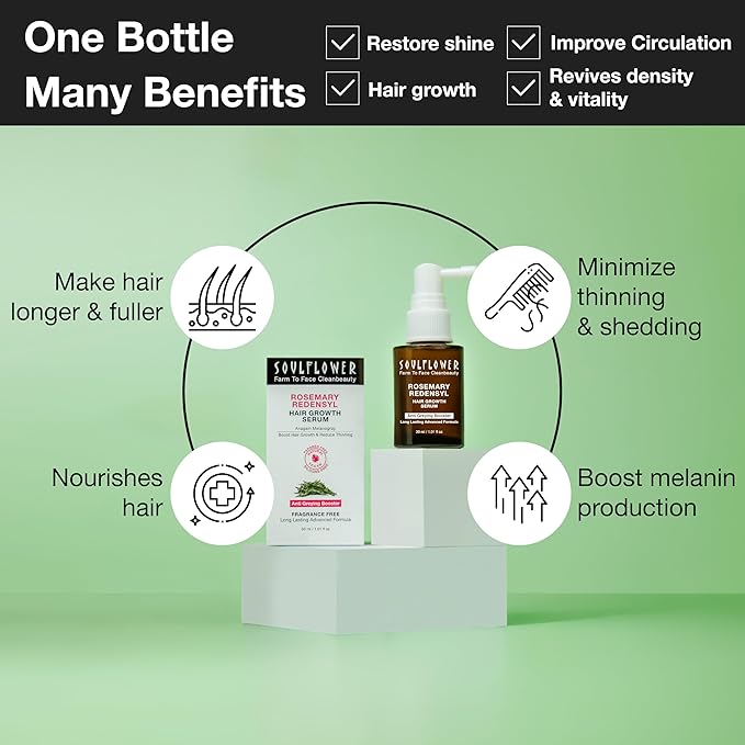 Soulflower Rosemary Redensyl Hair Growth Serum | 3% Redensyl, 4% Anagain, Melanogray, Caffeine, Biotin, Keratin, Tea Tree, Chia Seeds, Rice Water | Men, Women | 30 ml-Velvo Beauty