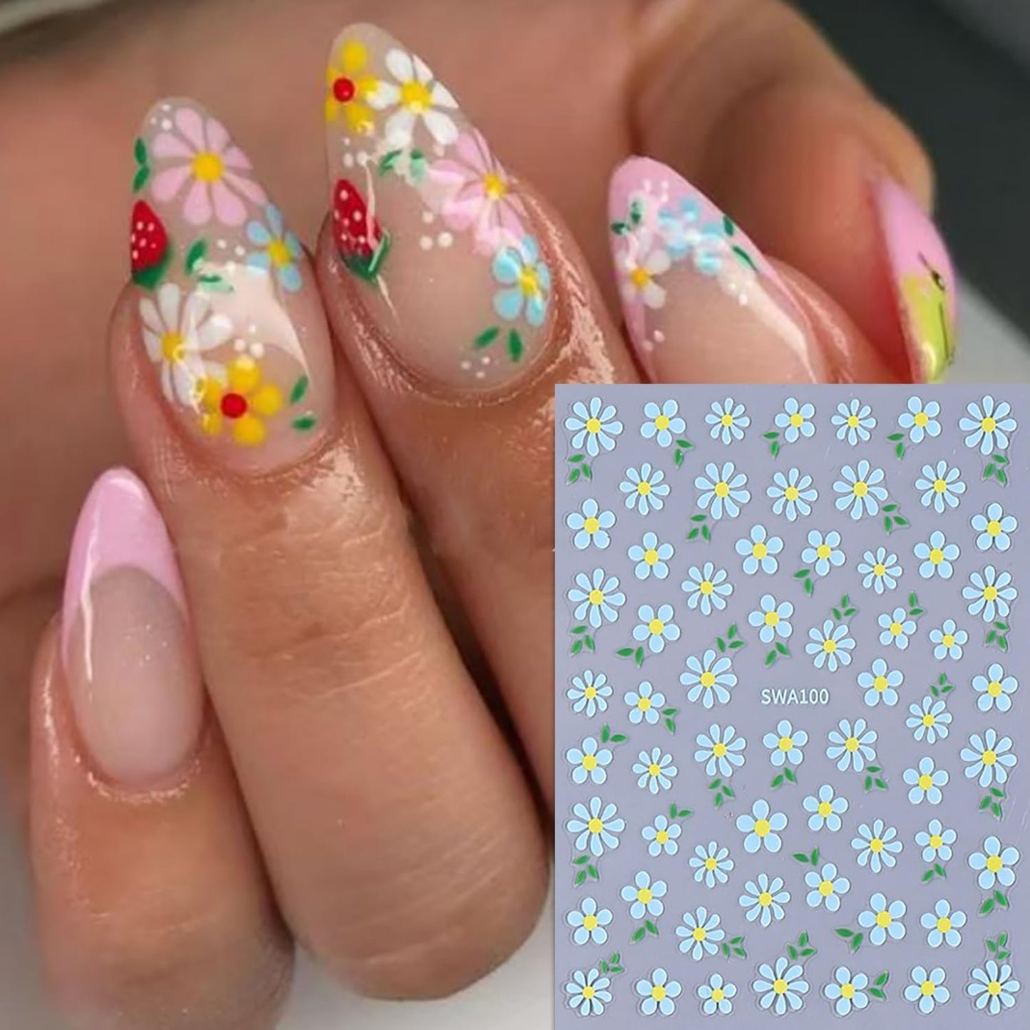 6 Sheets Flower Nail Art Stickers Daisy Nail Art Decals 3D Self-Adhesive Spring Nails Sticker Holographic Pink Blue White Blossom Nails Decal Decoration for Women Floral Manicure Supplies-Velvo Beauty