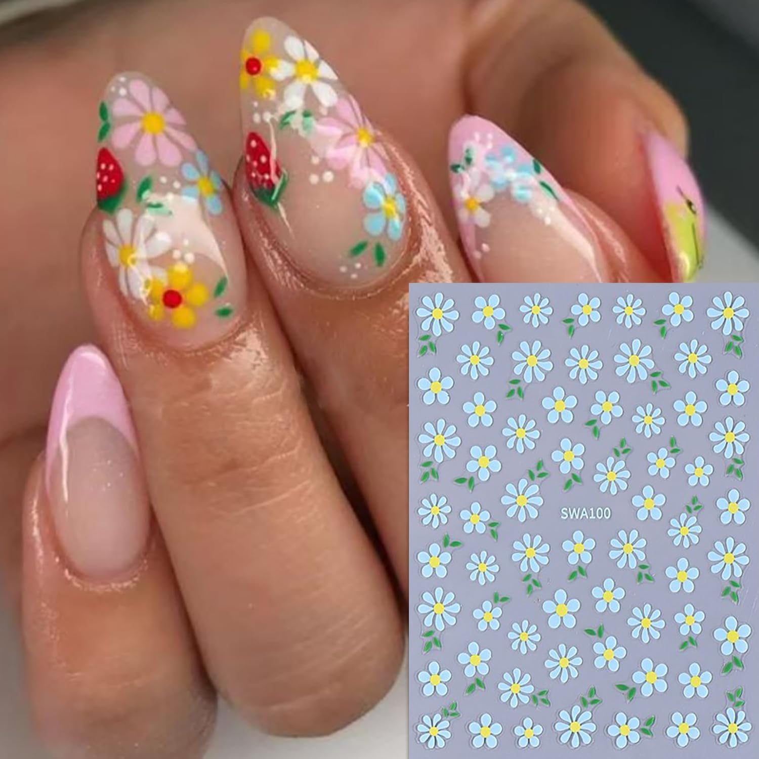 6 Sheets Flower Nail Art Stickers Daisy Nail Art Decals 3D Self-Adhesive Spring Nails Sticker Holographic Pink Blue White Blossom Nails Decal Decoration for Women Floral Manicure Supplies-Velvo Beauty