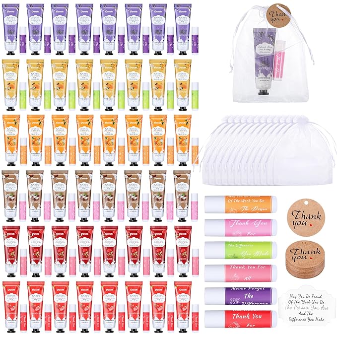 48 Set Thank You Gifts for Employee Hand Cream and Lip Balm Bulk Set with Organza Bag Thank You Card Hand Lotion Appreciation Gift Set for Women Men Coworkers Volunteer-Velvo Beauty