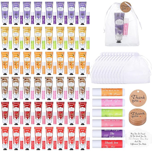 48 Set Thank You Gifts for Employee Hand Cream and Lip Balm Bulk Set with Organza Bag Thank You Card Hand Lotion Appreciation Gift Set for Women Men Coworkers Volunteer-Velvo Beauty