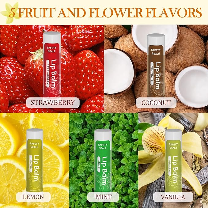 5 Pack Lip Balm Natural Lip Balm Bulk with Shea butter and Coconut Oil Moisturizing, Soothing, and Repairing for Chapped Lips Party Favors adults kids - 5 flavors 0.15 Oz-Velvo Beauty