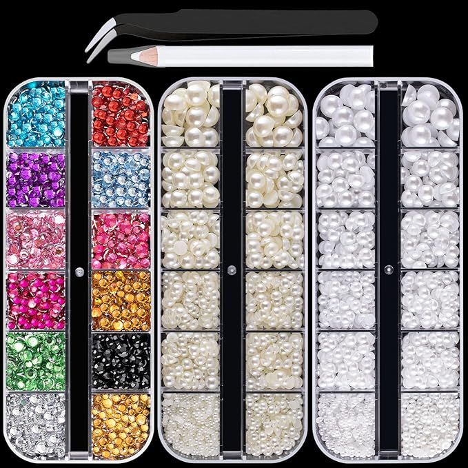 Flat Back Rhinestone+Half Round Pearl Kits Colorful Rhinestones+White+Beige Pearls With Picker Pencil And Tweezer For Home DIY And Professional Use-Velvo Beauty