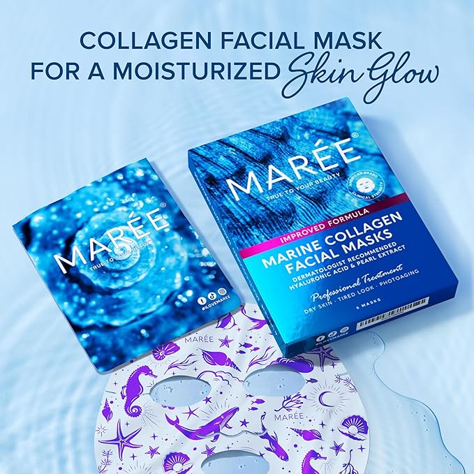 MAREE Collagen Facial Mask with Hyaluronic Acid - Hydrating Face Masks Skincare - Mascarillas Faciales For Women Skin Care - Multicolor, 6 Count-Velvo Beauty