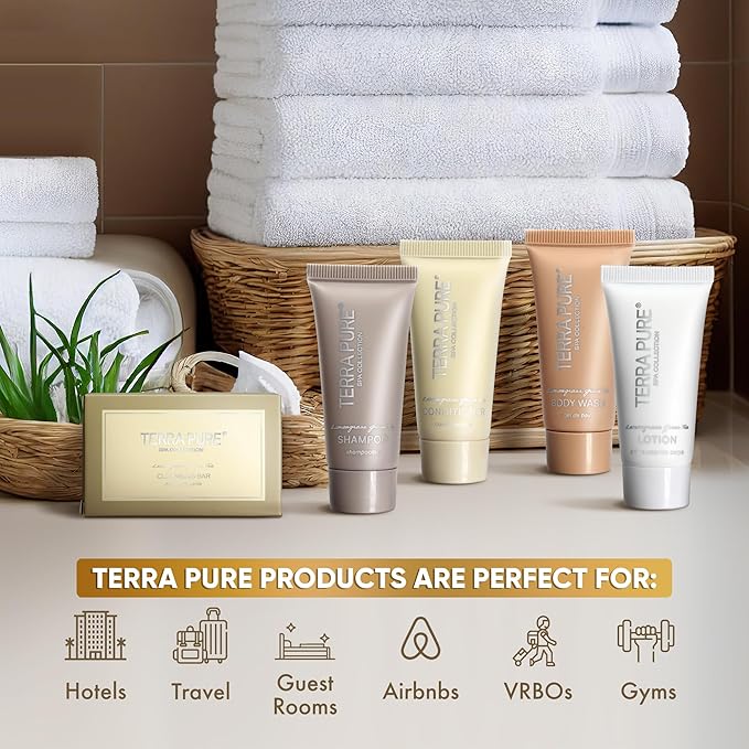 Terra Pure Spa Collection Bulk Set Toiletries | 1-Shoppe All-In-Kit Amenities for Hotels & Airbnb | 0.85 oz Hotel Shampoo & Conditioner, Body Wash, Lotion & Cleansing Bar Travel Size Tubes| 150 Pieces-Velvo Beauty