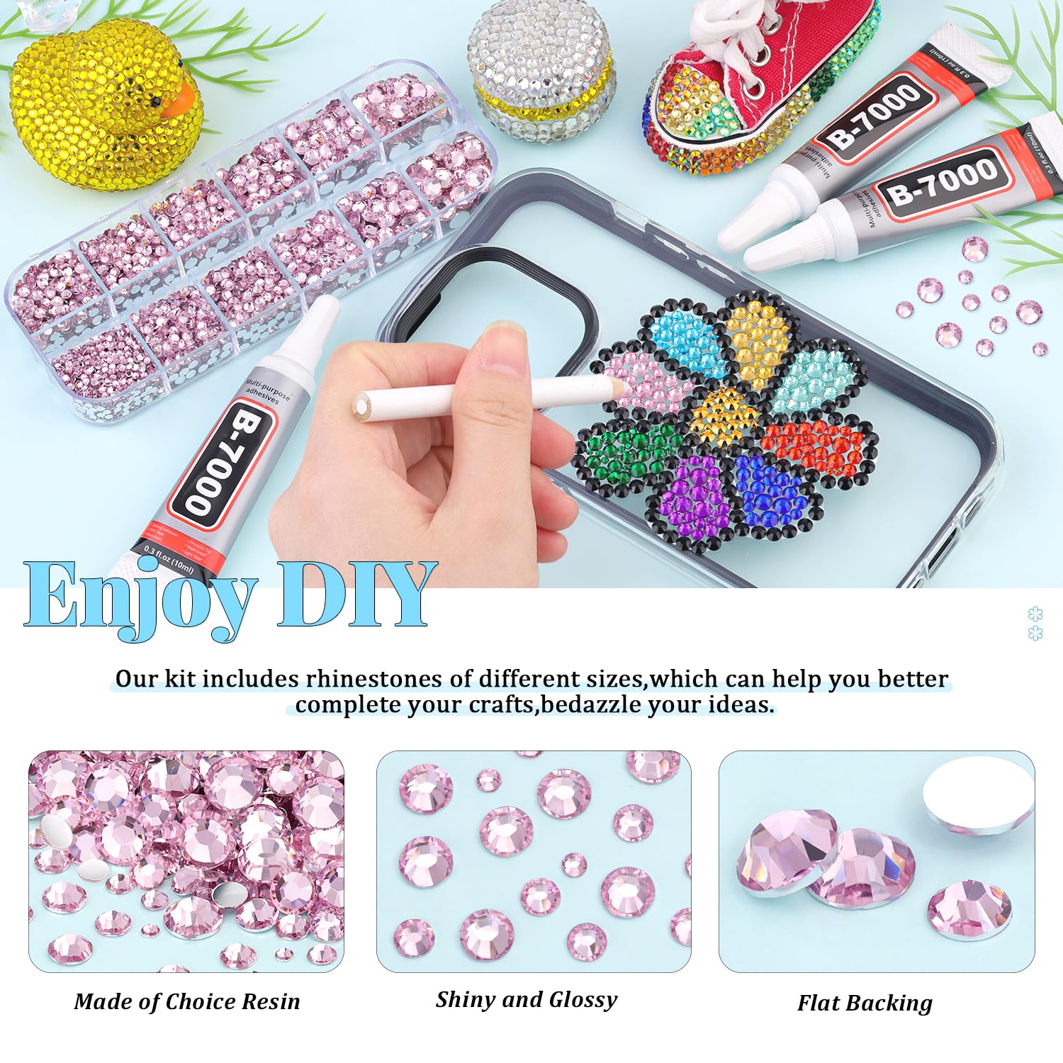 6000Pcs Resin Rhinestones for Bedazzling with 3Pcs B7000 Jewelry Glue, 1 Box Light Pink Flatback Rhinestones for Crafting Crafts DIY, Crystals Gems for Clothing Shoes Tumblers Nail Art Makeup-Velvo Beauty
