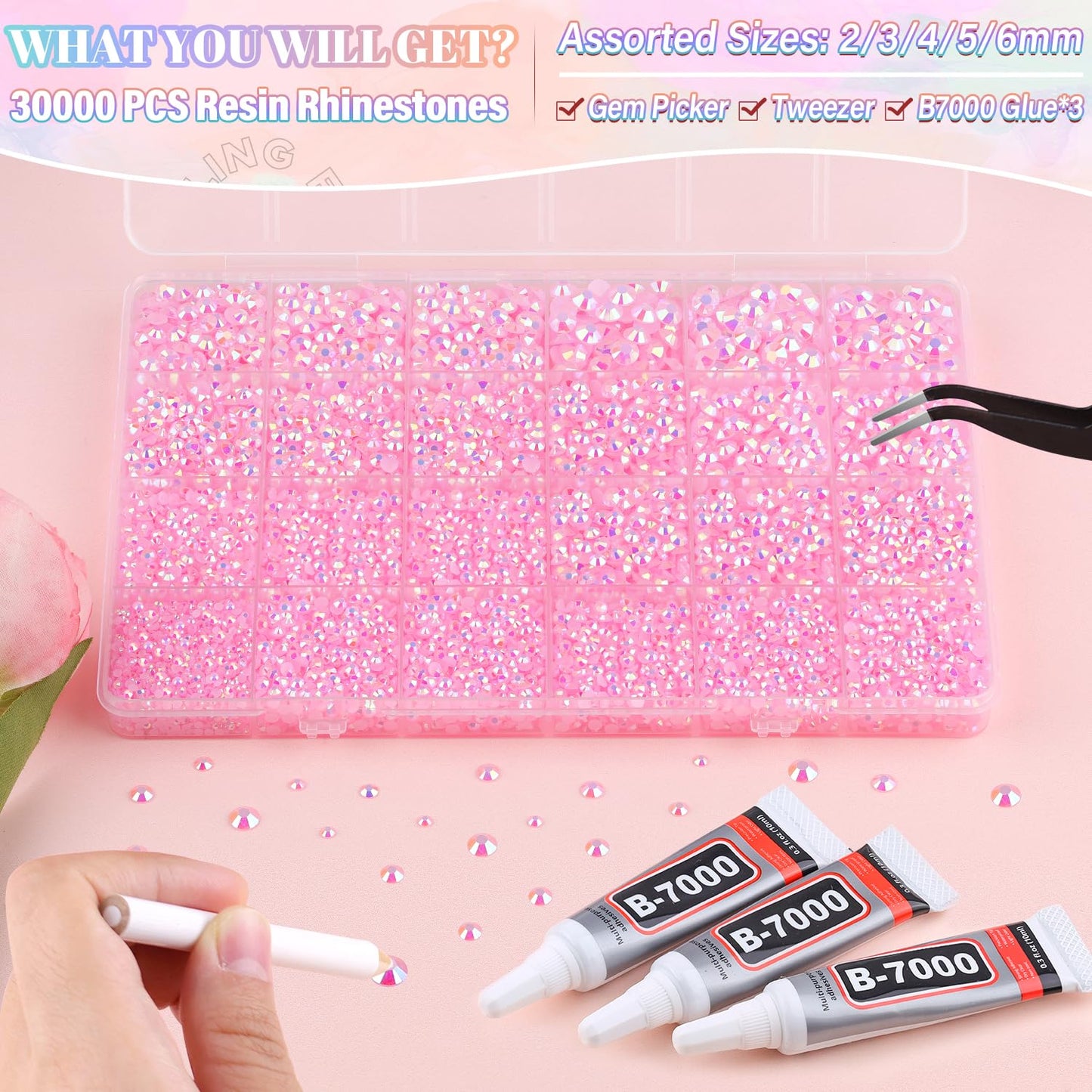30000Pcs Resin Light Pink AB Rhinestones for Bedazzling Crafting with b7000 Jewelry Glue, Bulk Flatback Gems Bedazzler Kit for Crafts Clothes Shoes Fabric Nail Diamond Art, Assorted Size 2/3/4/5/6mm-Velvo Beauty