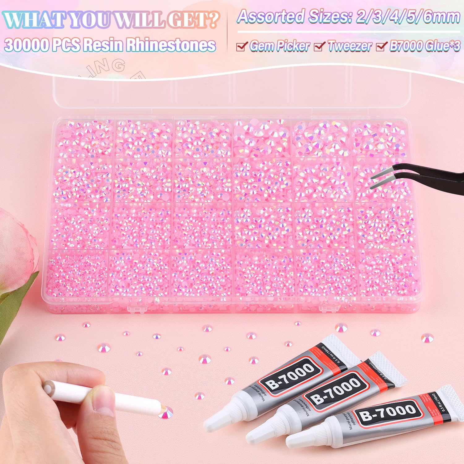 30000Pcs Resin Light Pink AB Rhinestones for Bedazzling Crafting with b7000 Jewelry Glue, Bulk Flatback Gems Bedazzler Kit for Crafts Clothes Shoes Fabric Nail Diamond Art, Assorted Size 2/3/4/5/6mm-Velvo Beauty