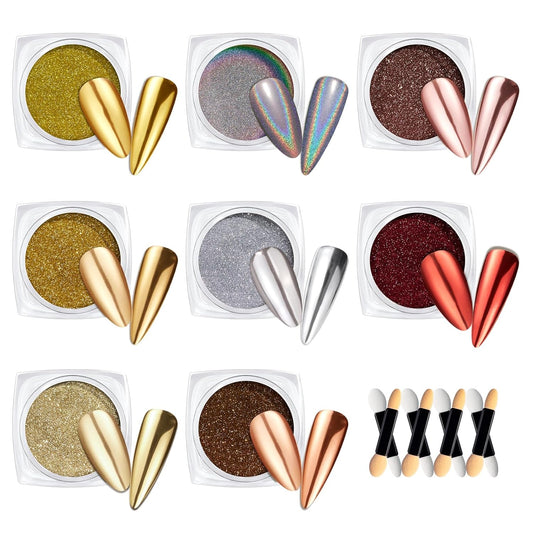 Beetles Gold Chrome Nail Powder Set - 8 Colors Sliver Holographic Mirror Effect Iridescent Golden Red Brown Glitter Metallic Nail Polish Chrome for Nail Art Design-Velvo Beauty
