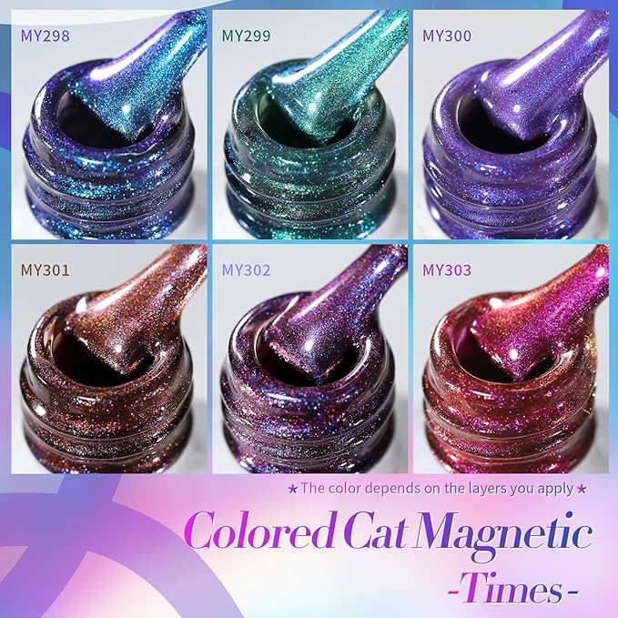 Born Pretty Magnetic Gel Nail Polish Set,Purple Blue Cat Magnetic Eye Gel Jelly Glass Crystal Magnetic Gel Polish Nail Art Manicure Kit 6PCS-Velvo Beauty