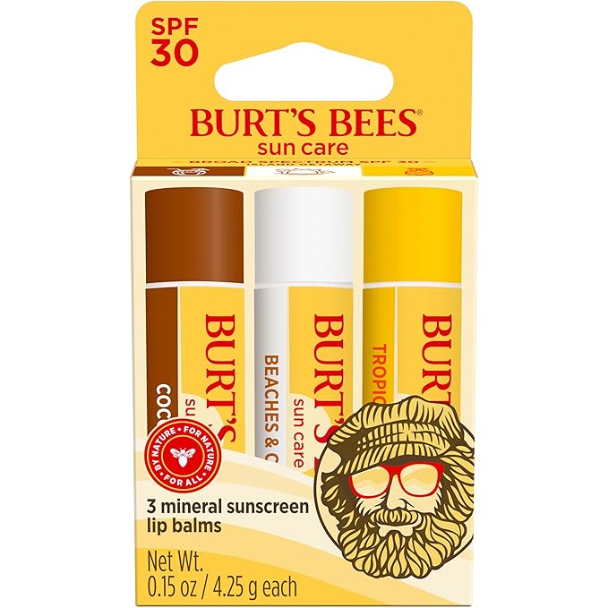 Burt’s Bees SPF 30 Lip Balm Mothers Day Gifts for Mom, Island Getaway - Coco Loco, Beaches & Cream, Tropic Like It's Hot, Water-Resistant Sun Care, Natural Origin Lip Treatment, 3 Tubes, 0.15 oz-Velvo Beauty