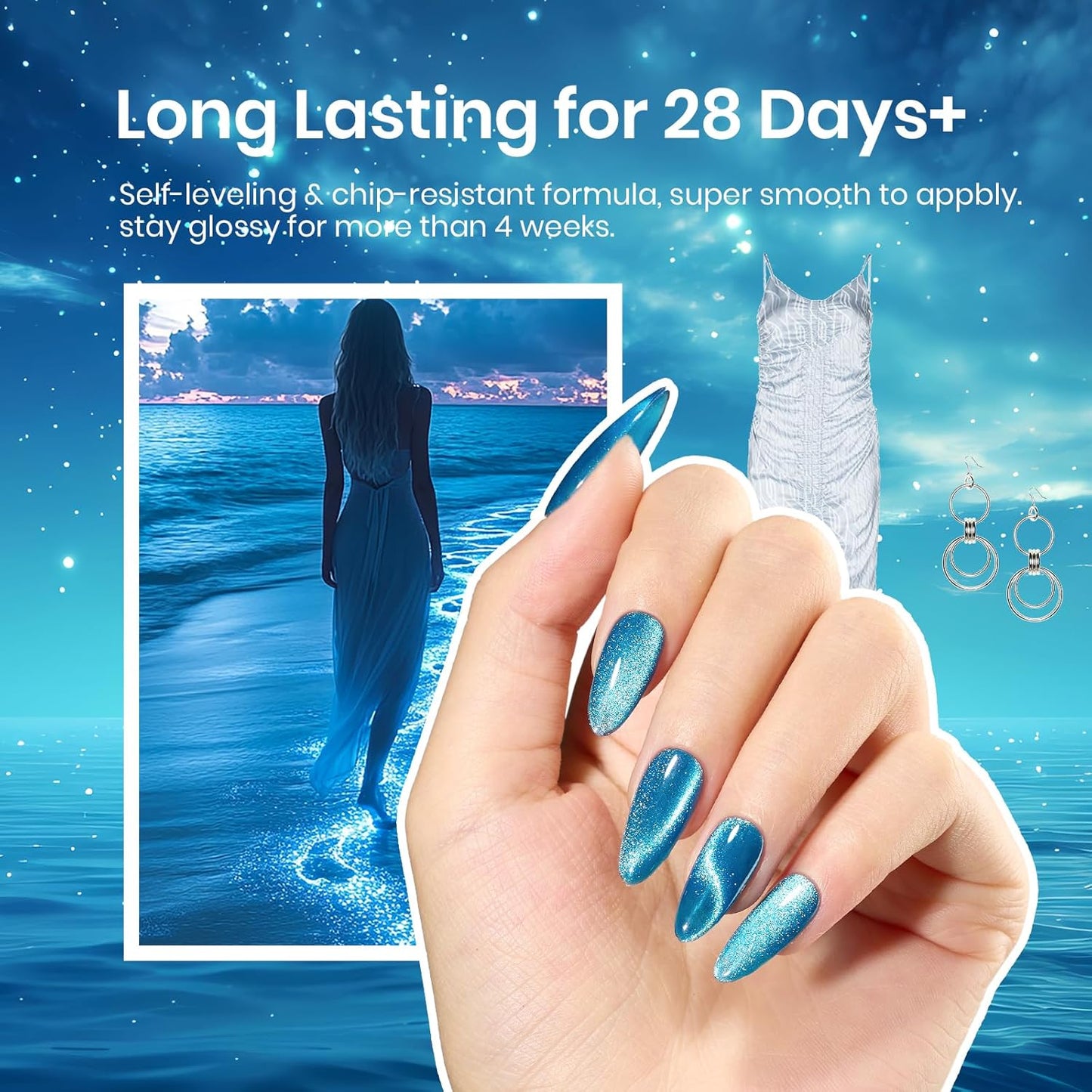 Beetles Blue Cat Eye Gel Polish, 15ML Blue Cat Eye Glitter Gel Polish with Magnet Shimmer Velvet Gel Soak Off UV Stellar Ocean Collection French Nail Art Design Manicure Summer Gifts for Women-Velvo Beauty
