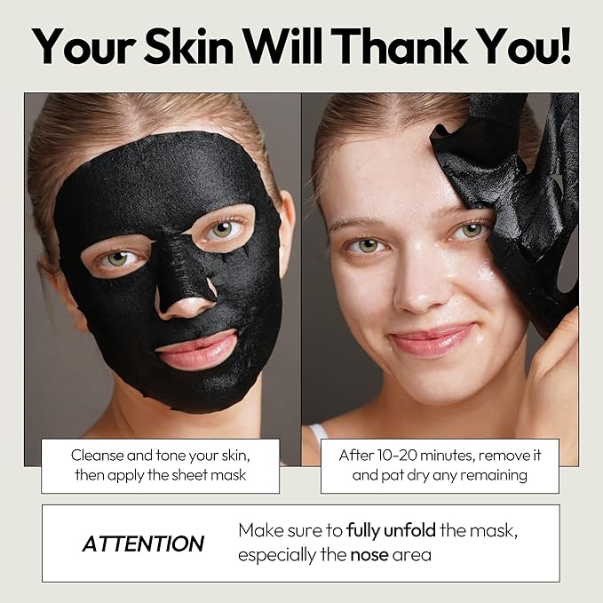 LAPCOS Charcoal Sheet Mask, Daily Face Mask with Salicylic Acid and Tea Tree Oil to Detoxify and Tighten Skin, Korean Beauty Favorite, 5-Pack-Velvo Beauty