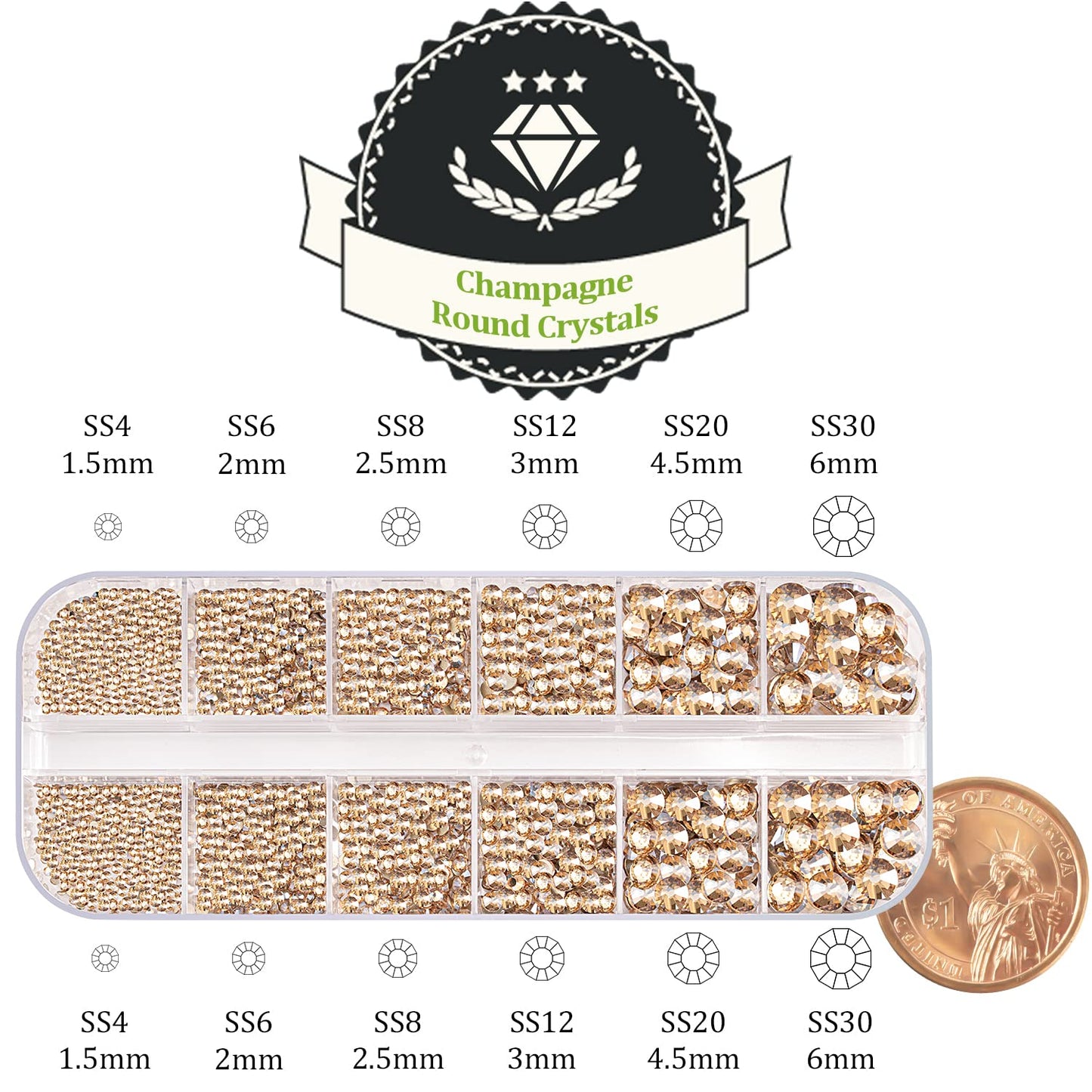 One Pack 2000 Pcs of Flatback Round Champagne Rhinestones 6 Sizes (1.5-6 mm) with Nail Art Rhinestone Picker Pencil and Tweezer for DIY and Salon Use-Velvo Beauty