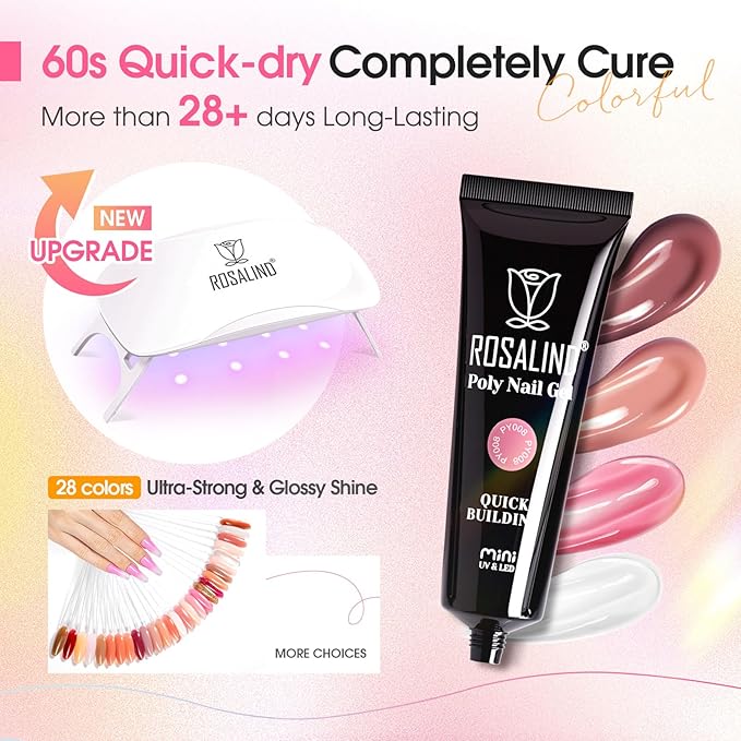 ROSALIND Poly Nail Gel Kit for Beginners - 28 Colors Extension Gel Set with UV/LED Nail Lamp, 72 Accessories (Base/Top Coat, Nail Forms, Tools), Long Lasting Salon Kit for DIY Manicure-Velvo Beauty