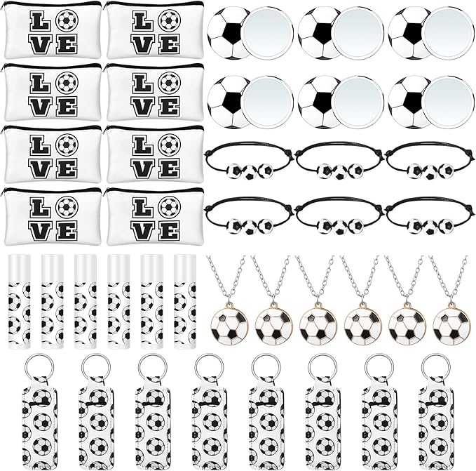 72 Pcs Sports Team Gifts Include 12 Makeup Bags 12 Lip Balm 12 Lip Balm Holder 12 Necklace 12 Adjustable Bracelet 12 Mirrors for Sports Lovers Players Party Favors (Black, Soccer)-Velvo Beauty