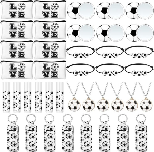 72 Pcs Sports Team Gifts Include 12 Makeup Bags 12 Lip Balm 12 Lip Balm Holder 12 Necklace 12 Adjustable Bracelet 12 Mirrors for Sports Lovers Players Party Favors (Black, Soccer)-Velvo Beauty